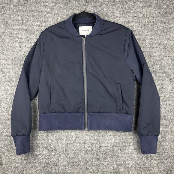 FRAME Jacket Women Medium Blue Navy Bomber Full Zip - Picture 1 of 12